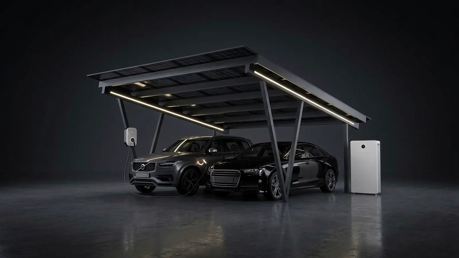 Fertiger Carport mit E-Autos, Wallbox und GoodWe Speicher